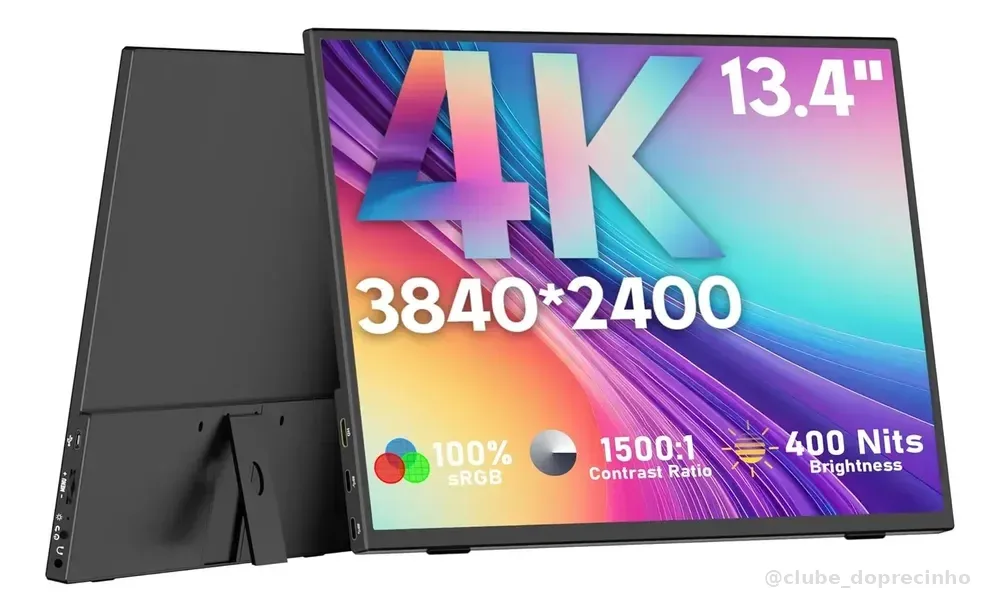 Monitor Portátil 4k Gamer 13,4  Slim Fino Ips Fhd Rgb Áudio Preto 220v