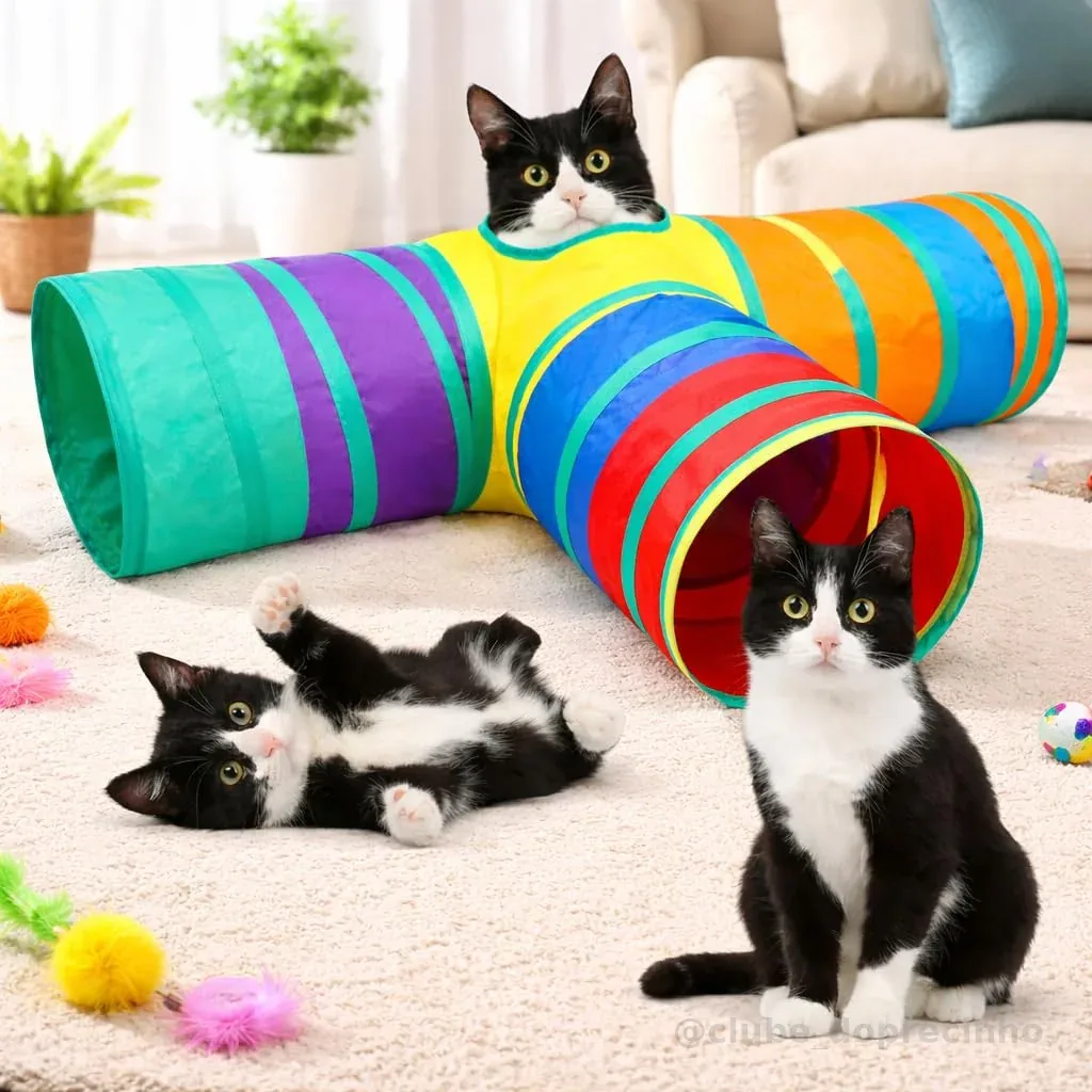 Túnel para Gatos Dobrável com 3 Entradas e Bolinha Interativa – Brinquedo para Gato Estimulante, Antiestresse, Resistente, Portátil e Lavável, Diversão e Exercício para Pets