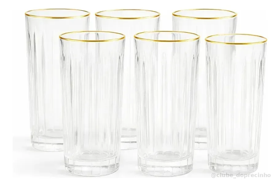 Jogo De 6 Copos Vidro Alto Grosso Borda Dourada Egeu 370ml
