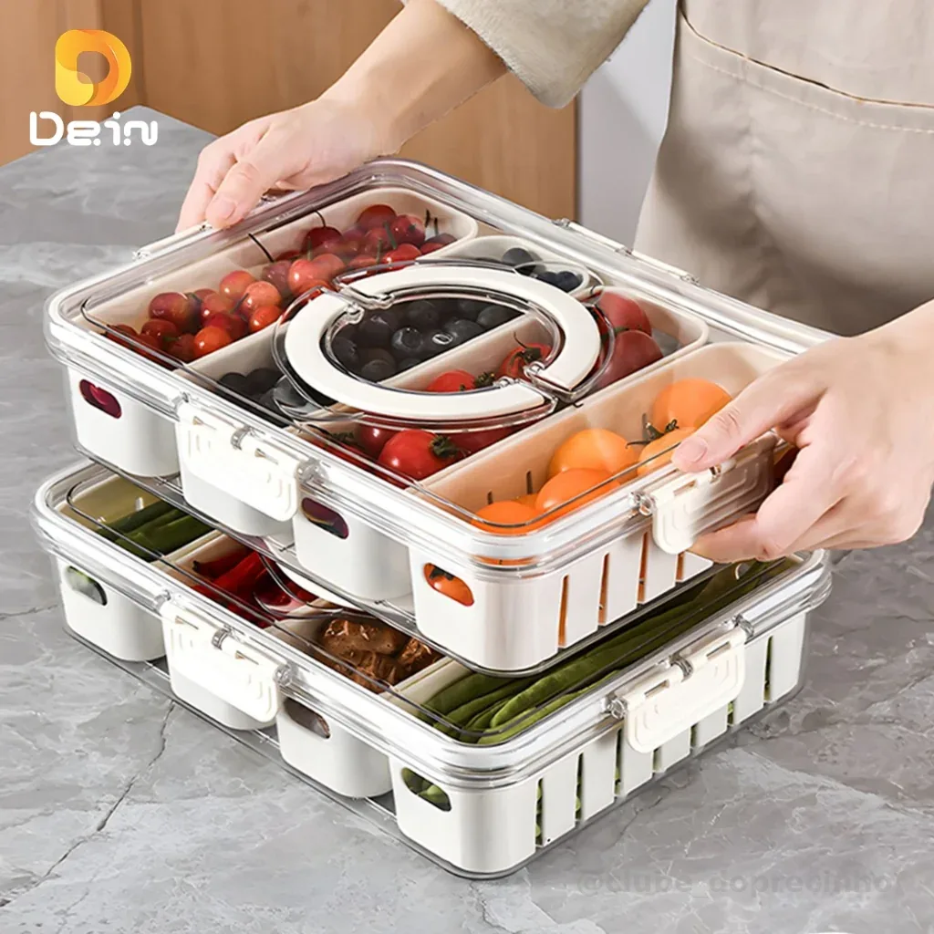 Caixa Organizadora de Alimentos Transparente Geladeira Empilhável Multiuso com Divisórias