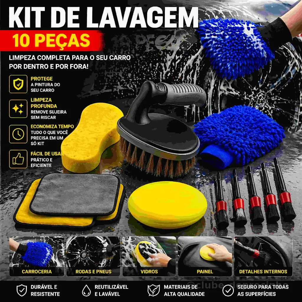 Kit 10 Peças Lavagem Automotiva Esponja + Escova de Pneu + Flanela + Aplicador de Cera + Luva Microfibra + Kit Pincel