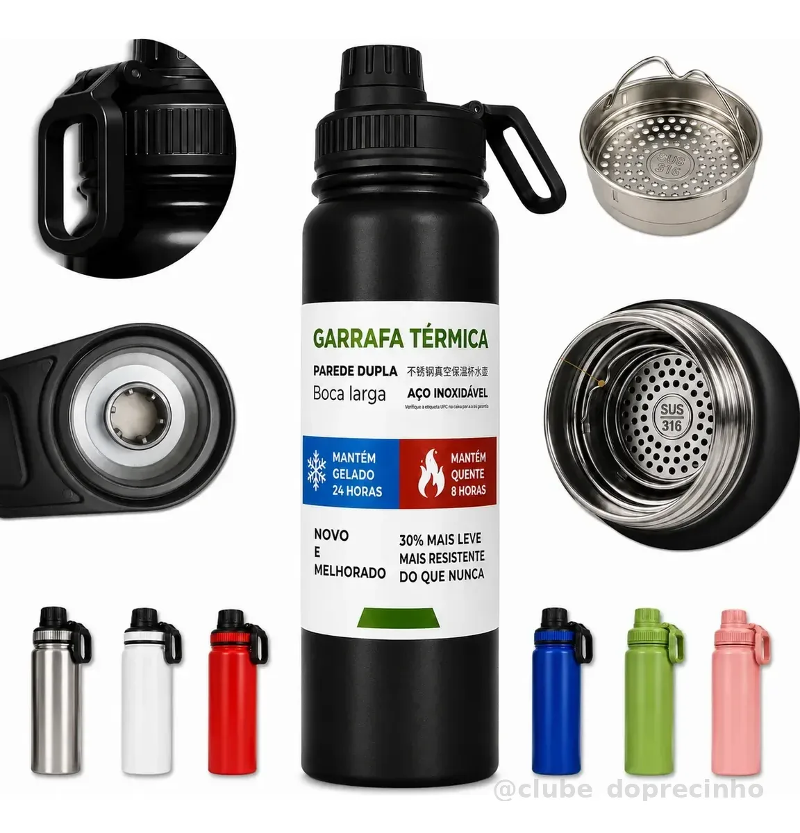 800ml Garrafa Térmica Água E Café Squeeze Inox Academia Alça Rosa