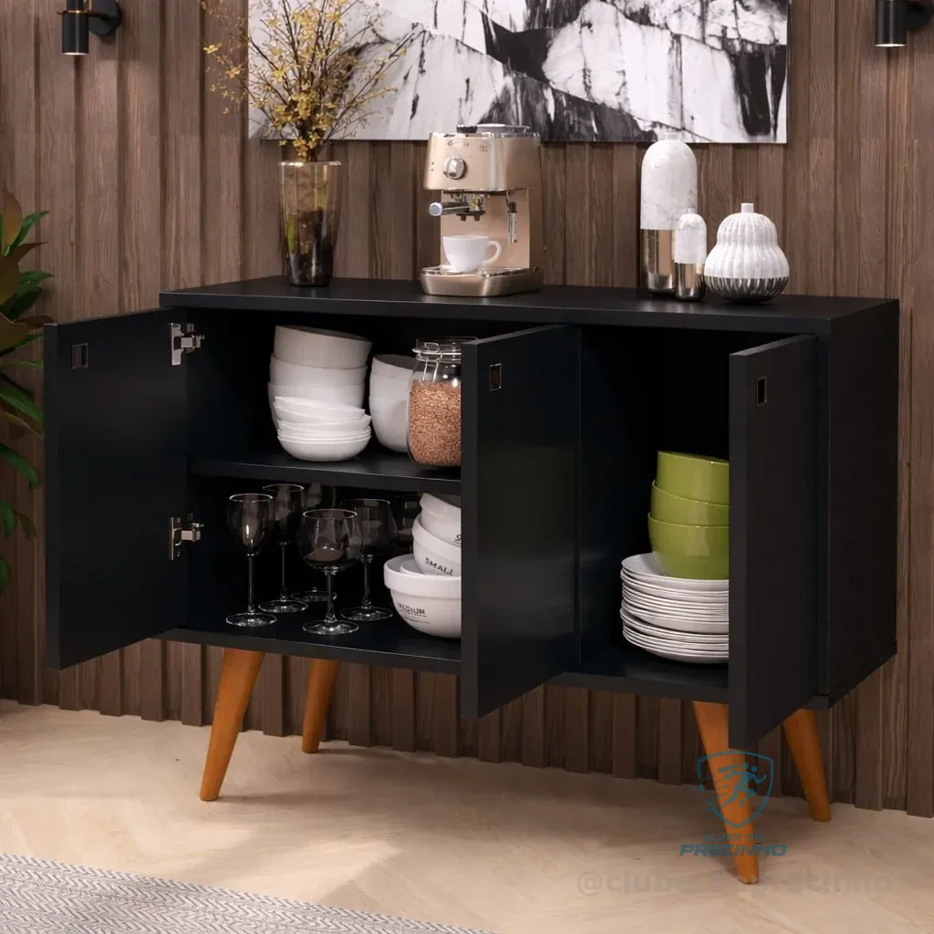 Aparador Buffet Multiuso Preto 3 Portas Sala De Jantar Preto