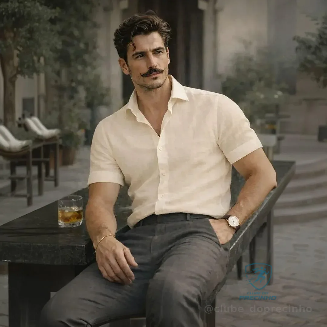 Camisa Casual Masculina Texturizada Com Botões Old Money Bege Linho P