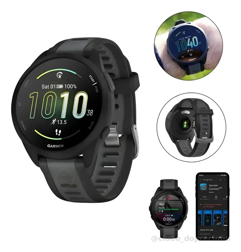 Garmin Forerunner 165 Smartwatch, Tela Amoled 43mm, 5 Atm Preto Silicone