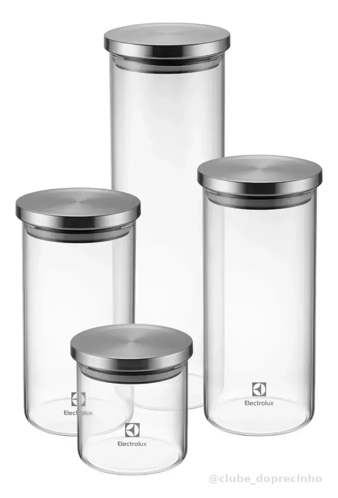 Electrolux Kit 4 Potes Herméticos de Vidro e Tampa Inox com Vedação, Porta Mantimentos e Alimentos