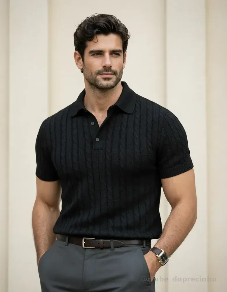 Camisa Polo Masculina Tricô Trama Trançada Preto Texturizada P Trançado