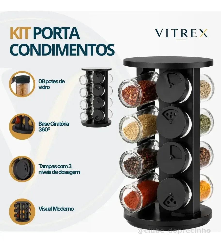 Kit Porta Condimentos Vitrex 8 Potes Em Vidro Preto Com Base Giratória
