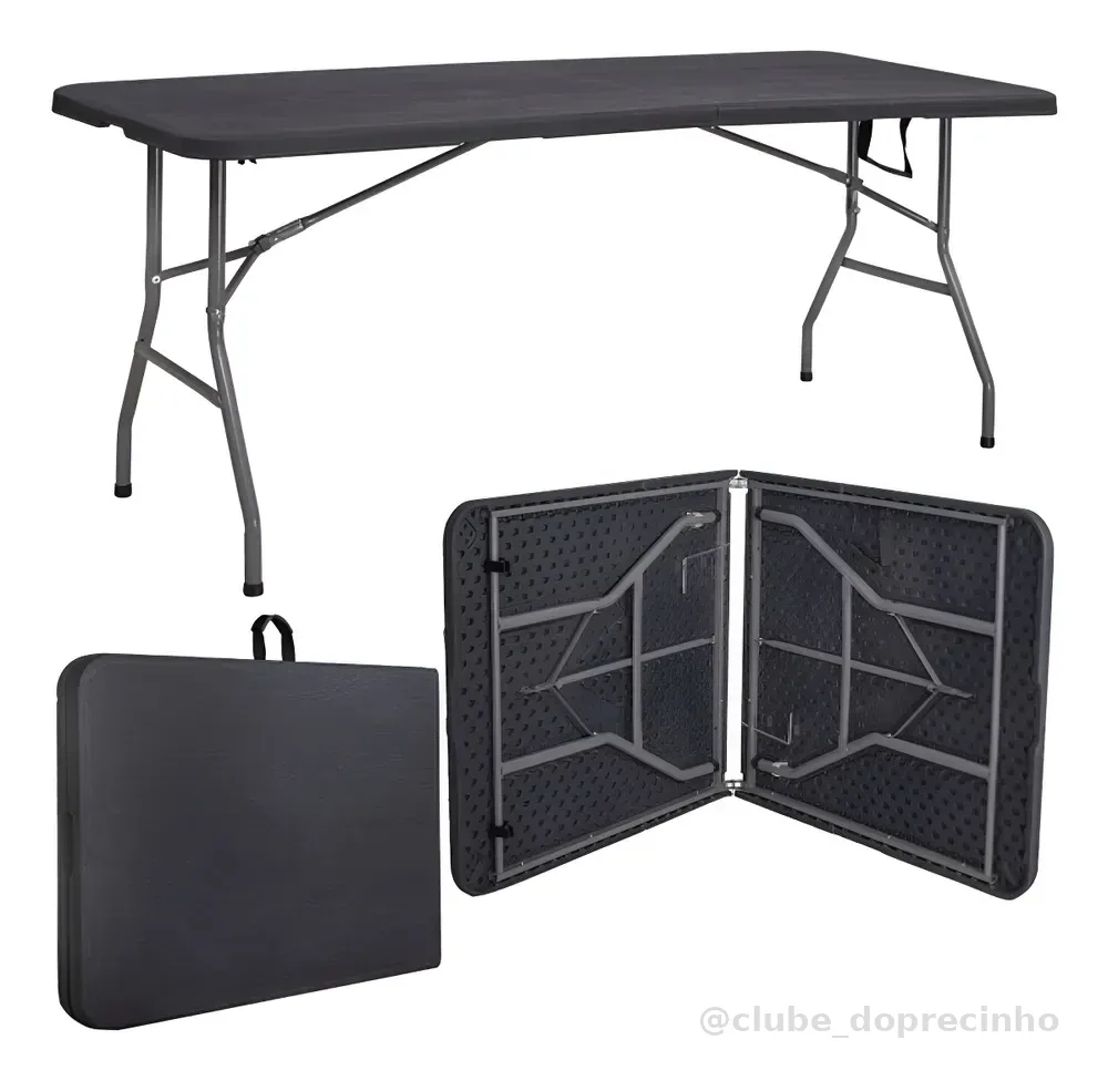 Mesa Dobrável Vira Maleta Com Alça Portátil 1.80m Para Camping Pesca Jardim Área Externa Ou Interna Salão De Festas Gourmet Cor Preto Luvinco