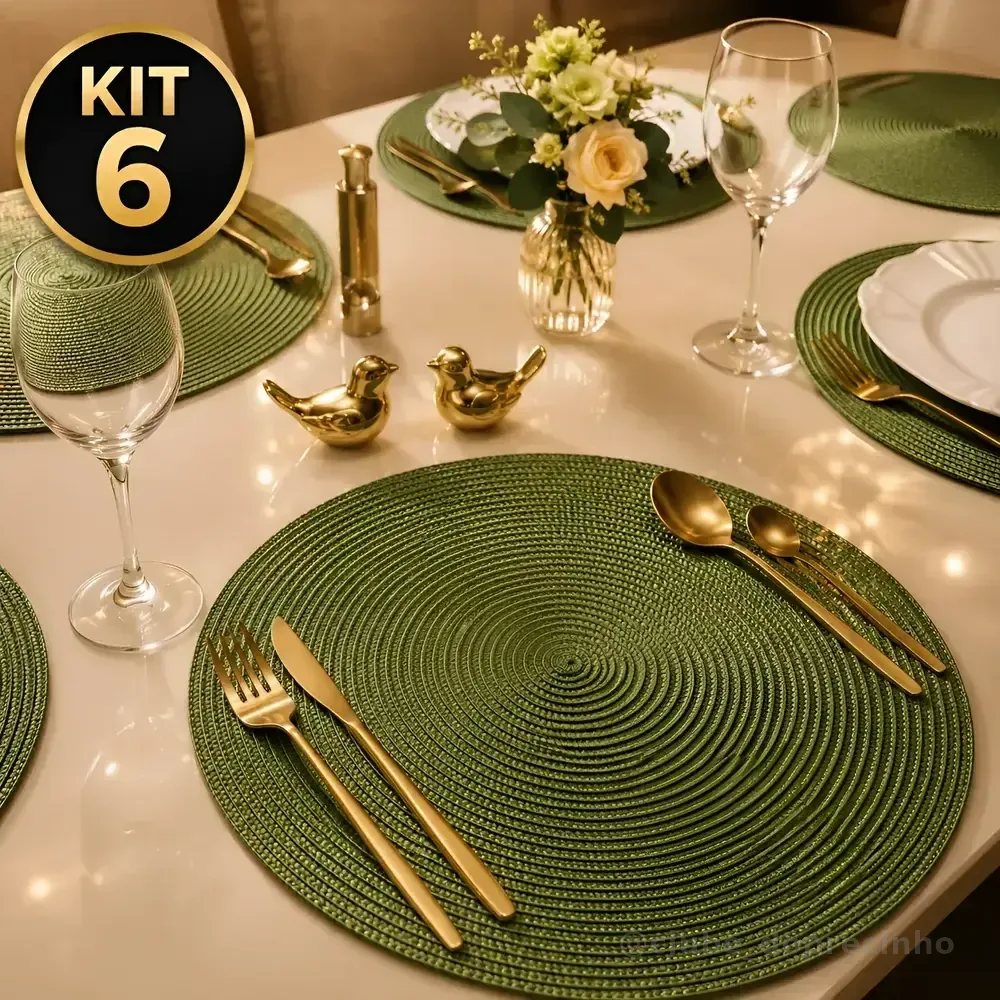 Jogo Americano Redondo 6 Peças Mesa Posta Cozinha 38 Cm Top Verde-escuro