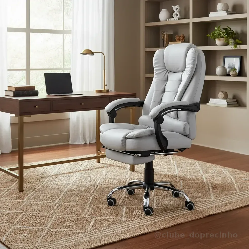 Cadeira De Escritório Presidente Ergonômica Python Fly Couro Sintético Encosto Ajustável Com Trava E Apoio Para Pés Cor Cinza