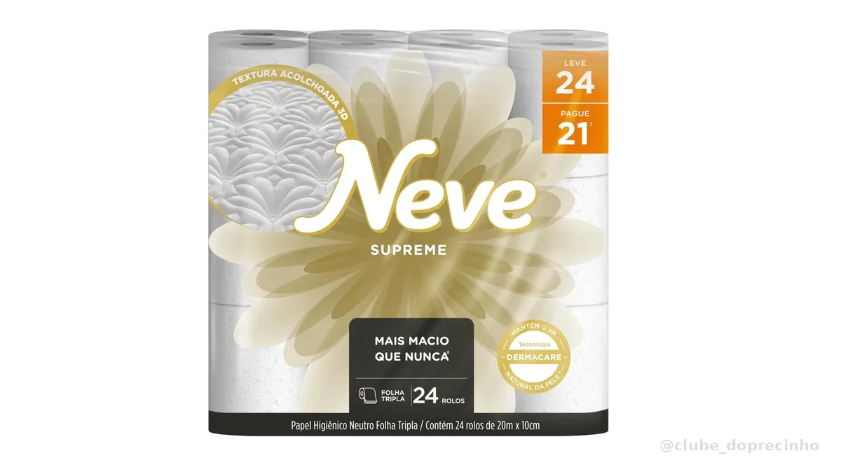 Neve Papel Higiênico Supreme Folha Tripla, 20m, Leve 24 Pague 21 Rolos