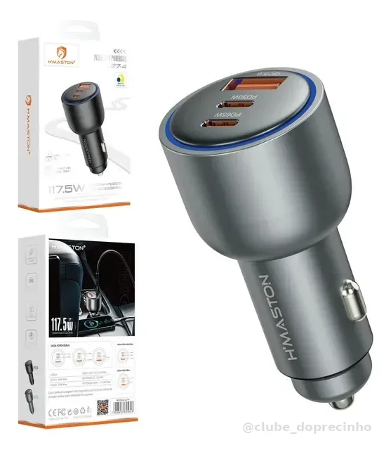 Carregador Veicular Carro Turbo 117.5w 3 Saídas Usb E Tipo-c