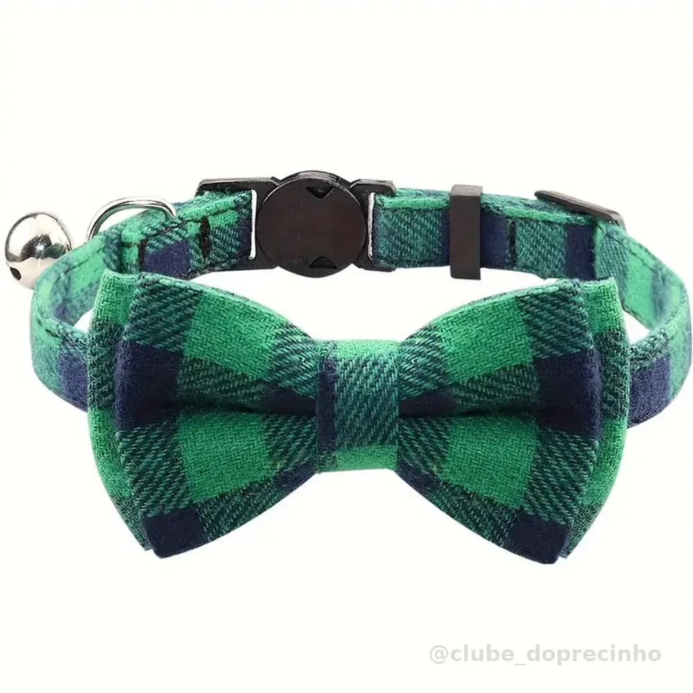 Linda coleira quadriculada para gatos com laço - coleira ajustável e confortável, perfeita para gatos e outros animais de estimação pequenos, verde