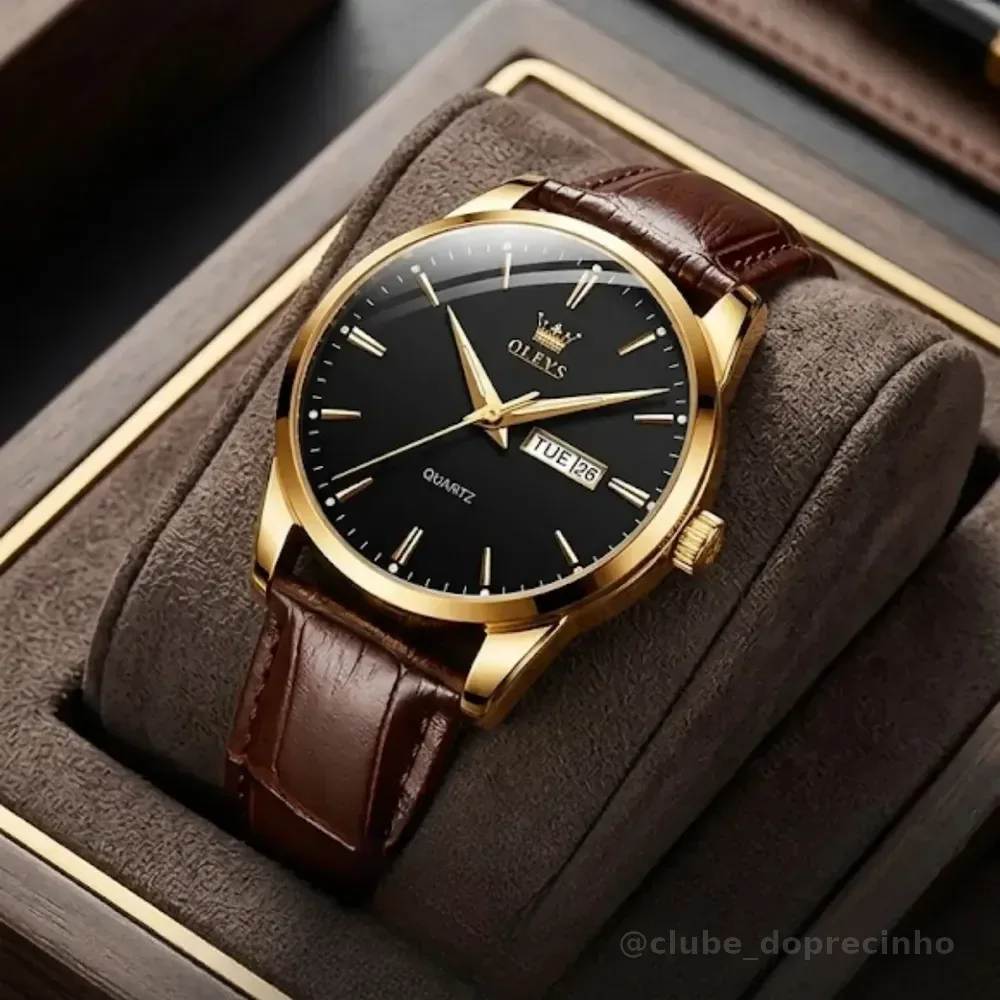 Relógio Social Masculino A Prova D'água Couro Olevs Luxo Nf Marrom Dourado Preto