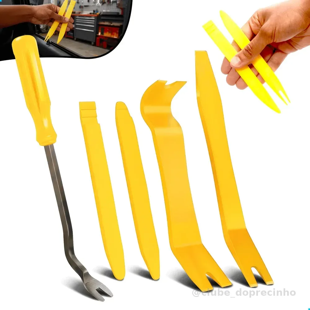 Kit 5 Espátulas Nylon Desmontar Painel Moldura Portas Carros Amarelo