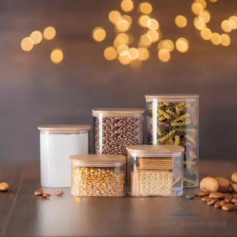 Kit 05 Potes Herméticos De Vidro Com Tampa De Bambu E Silicone Recipiente Armazenamento De Alimentos Jogo Porta... Transparente