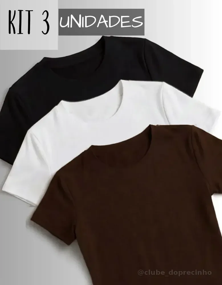 Kit 3 Camisetas Manga Curta Blusas Femininas Baby Look Comfy Preto+marrom+branco G