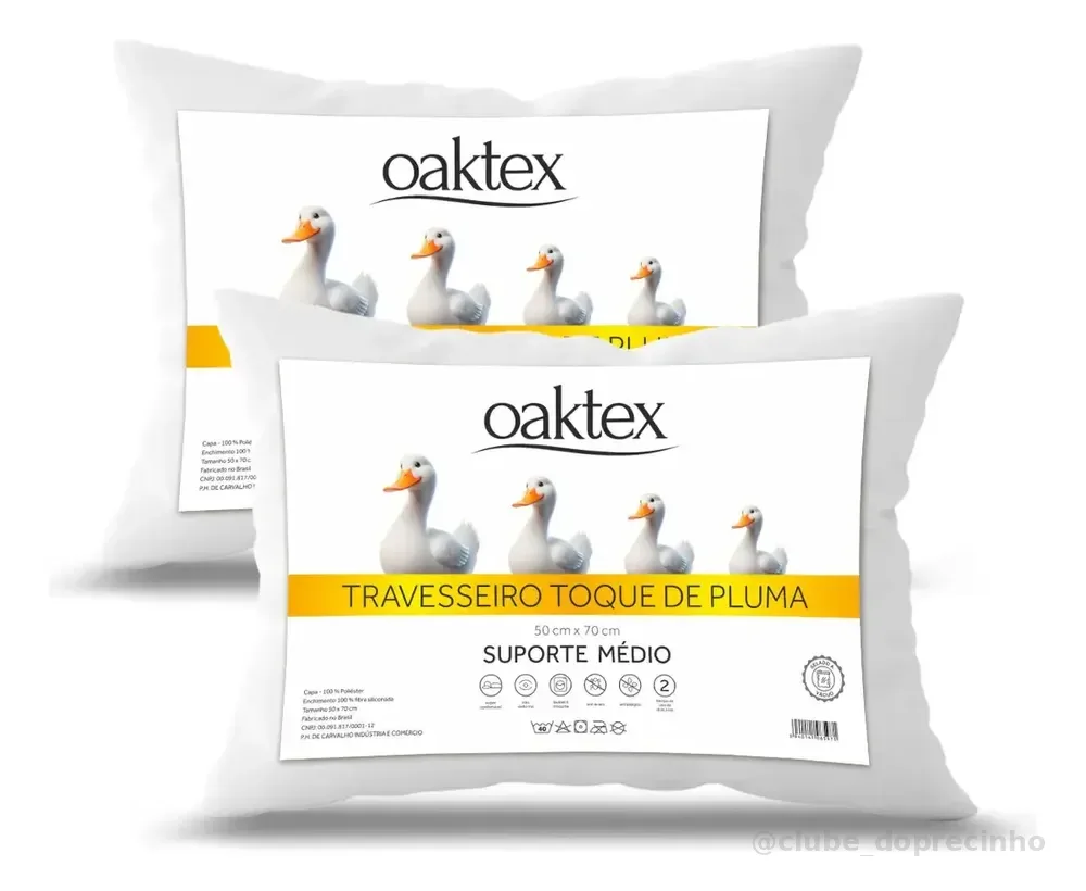 Kit 2 Travesseiros 70x50 Antialérgico Lavável Fibra Siliconada Toque de Pluma de Ganso Oaktex Cor Branco