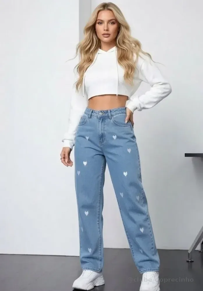 Calça  Mom  Pantalona Jeans Coração Feminina Cintura Alta Azul 44
