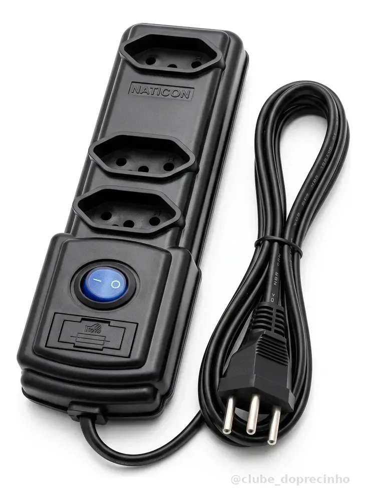 Filtro De Linha Naticon 3 Tomadas Bivolt 110 220v C/ Fuzível Preto 127v/220v