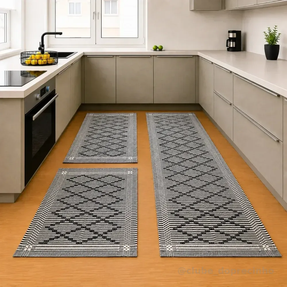 Tapete Passadeira Cozinha Quarto Jogo 3 Peças Grande 144x47 1.44 M 47 Cm Preto