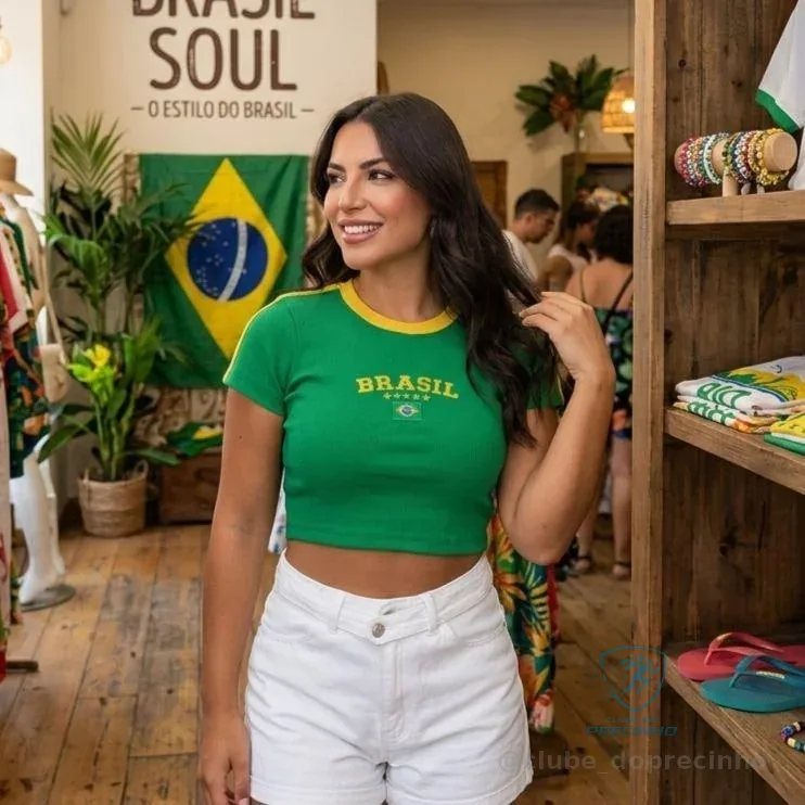 Blusa Cropped Top Brasil Copa Do Mundo Tendência Look Brazil