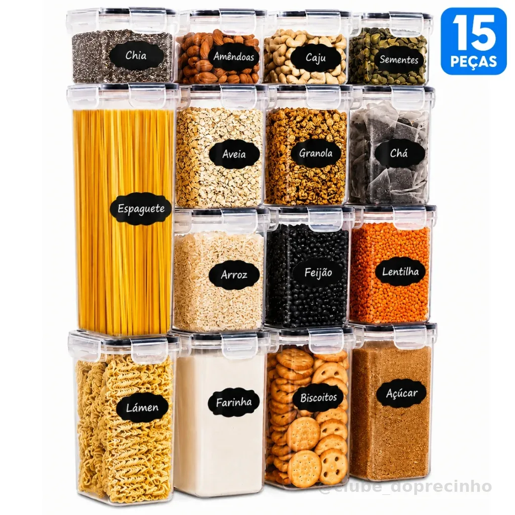 Kit 15 Potes Herméticos Organizadores de Mantimentos Plástico com Etiquetas Cozinha Despensa Empilhável