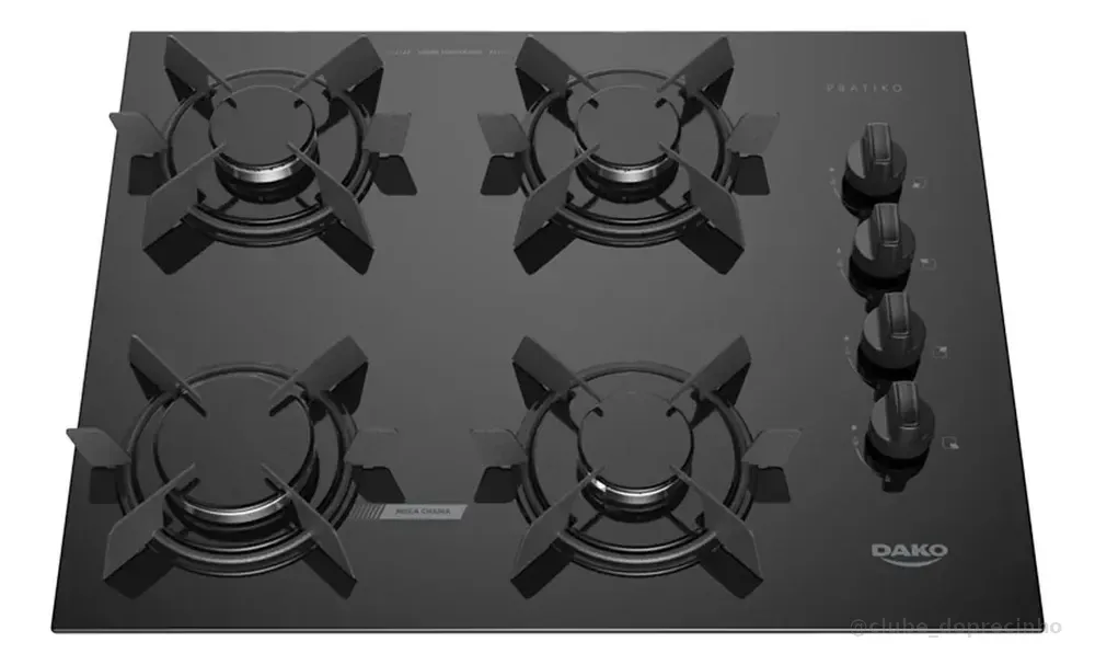Cooktop 4 Bocas Dako Pratiko Mesa de Vidro e Acendimento Super Automático A Gás Preto Bivolt