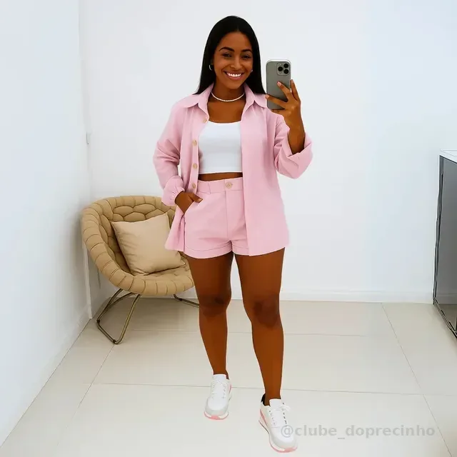 Conjunto Linho Feminino Camisa E Short Linha Premium