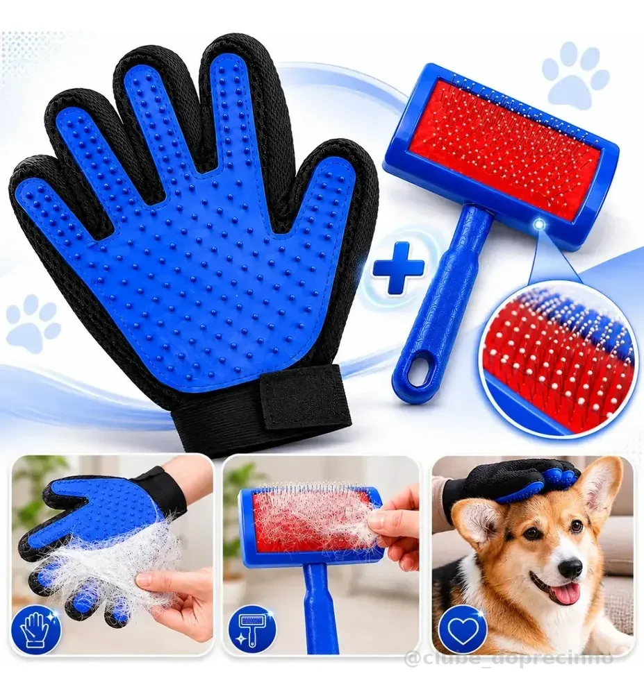 Kit Escova Rasqueadeira Pet + Luva Removedora de Pelos de Cachorro e Gato Tira Pelos Mortos Pelo Longo e Curto Boa Dica