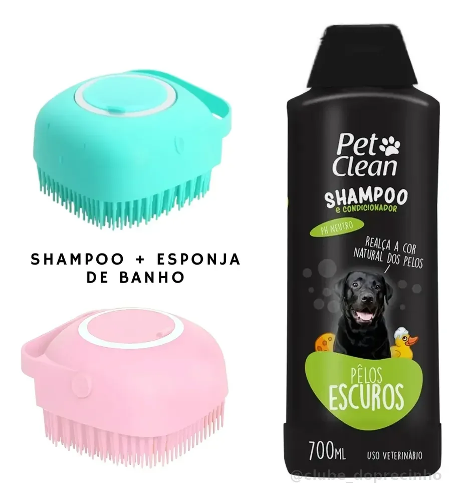 Shampoo Pet 700ml + Escova Silicone Dispenser Cães Gatos Pelos Escuros