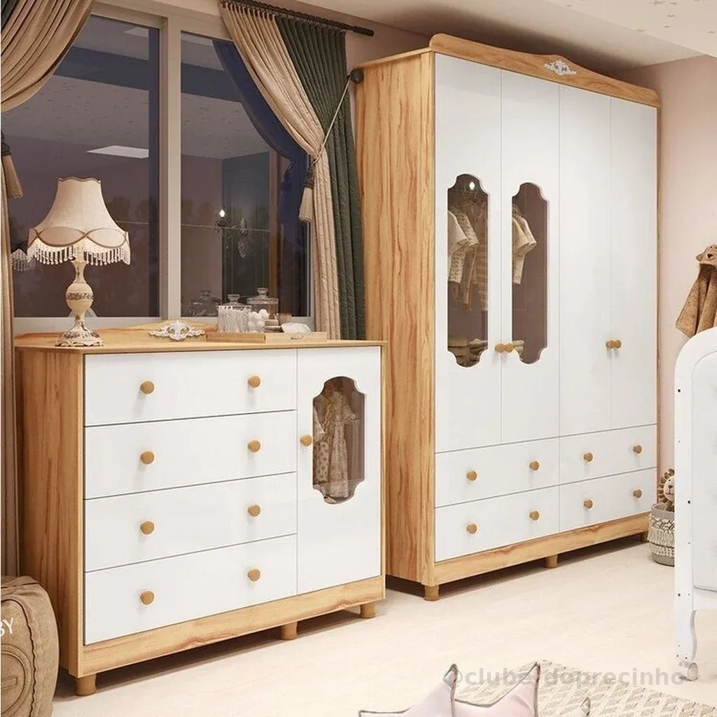 Quarto Infantil com Guarda-Roupas e Cômoda com Janelas Maya Provençal Yescasa Branco/Brilho/Amêndoa Branco