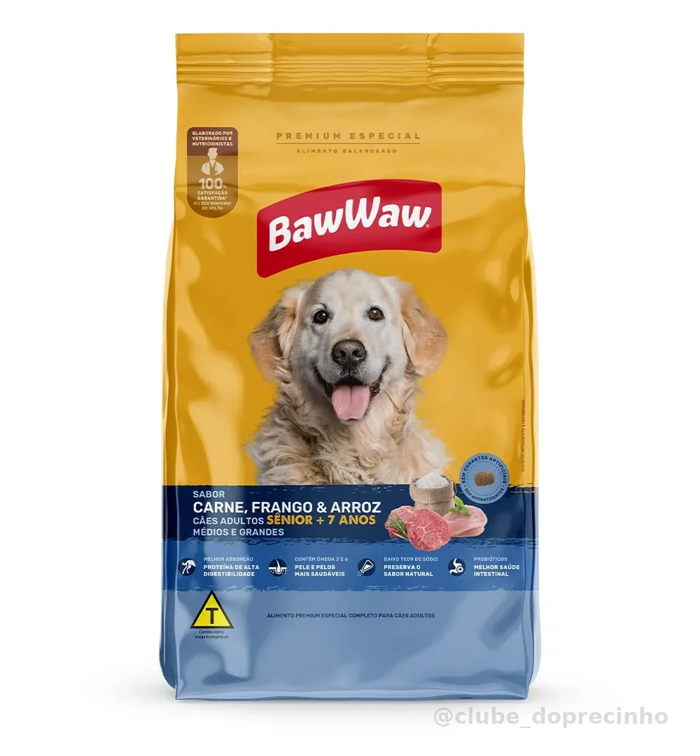 Ração Baw Waw para cães adultos Sênior médios e grandes sabor Carne, Frango e Arroz - 900g