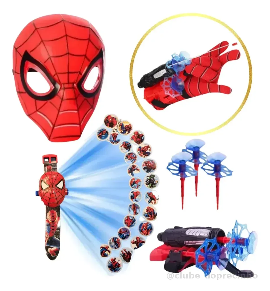 Kit Do Homem Aranha Luva + Máscara + Relógio Projetor Homem Aranha