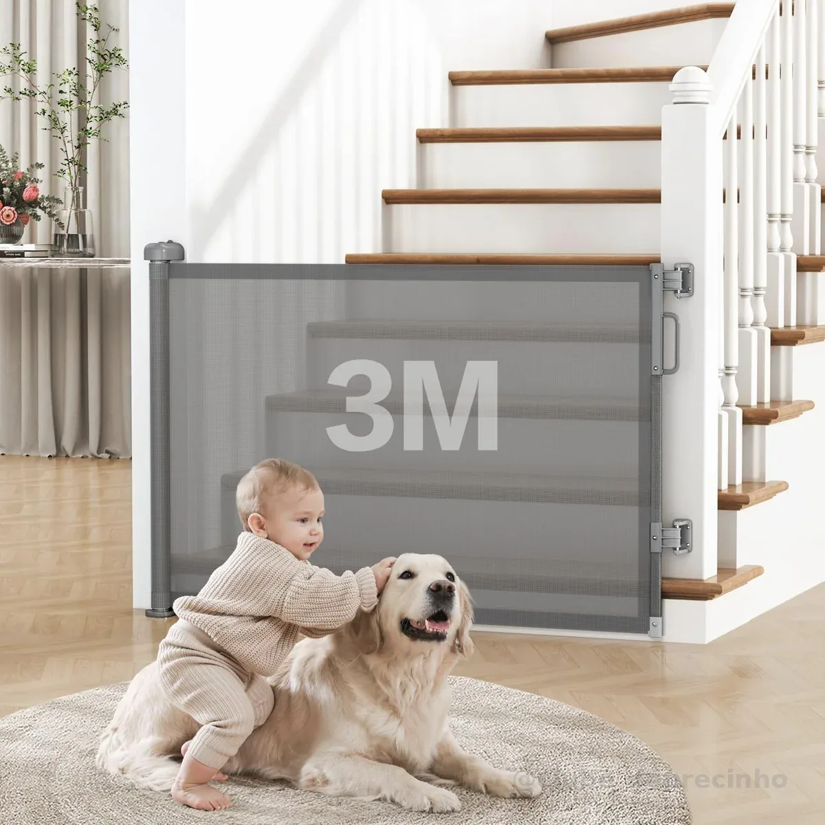 Portão de Segurança Retrátil para Bebês e Pets, 86 cm x 3 m, Tela PVC, cinza
