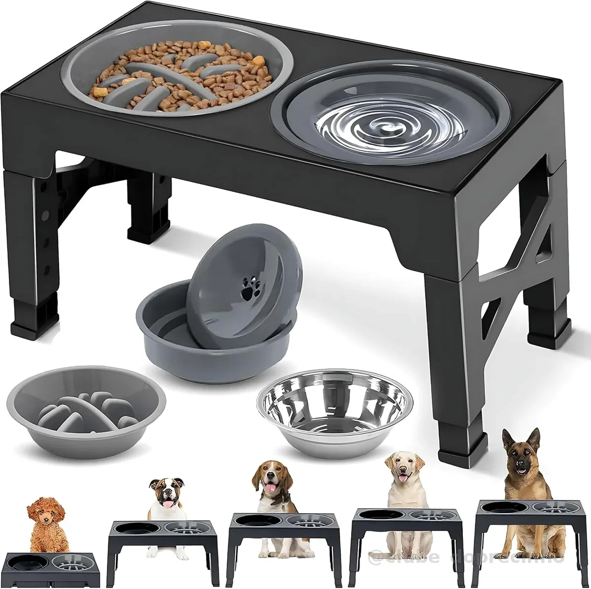 Comedouro Elevado para Cães Gatos, com Comedouro Lento e Pote de Racao Inox, Dobrável, 5 Alturas Ajustáveis, Ideal para Cães de Pequeno, Médio e Grande Porte, Gatos e Bicho de Estimação