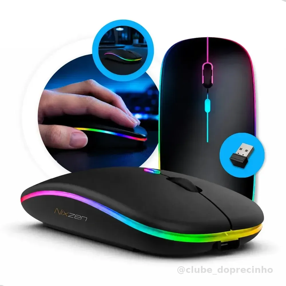 Mouse Sem Fio Recarregável Bluetooth Wireless Óptico Ergonômico Sem Fio Led Rgb Gamer Para Notebook Pc Tablet Smartphone Preto Nixzen