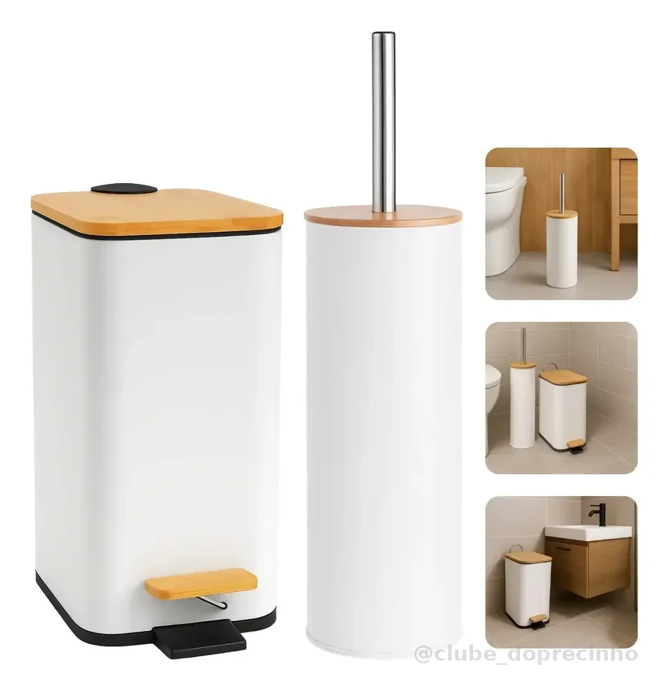 Acessório Banheiro Lavabo Metal Bambu Kit Elegante Moderno Kit Branco C/ Bambu