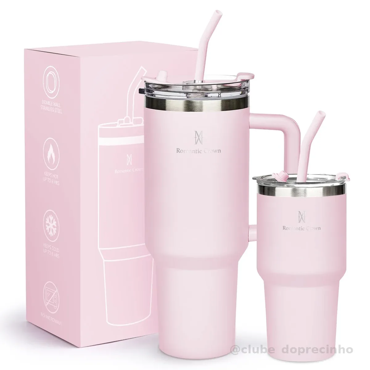Kit Copos Térmicos 1,18L + 591ml com Canudo, Tampa e Alça, Rosa Claro | Copos Canudo Tampa e Alça Garrafas Termico para viagem vácuo dupla camada aço inoxidável,