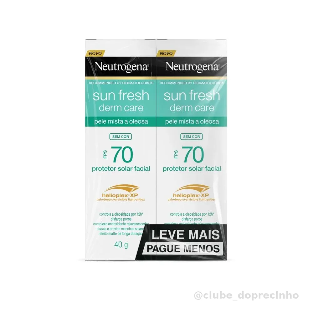 Protetor Solar Facial Para Pele Oleosa Derm Care, FPS 70, Sem Cor, Kit com 2 Unidades de 40g