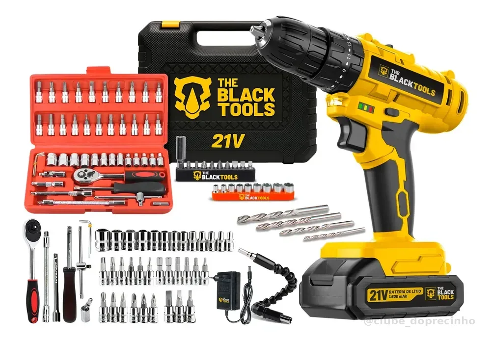 Parafusadeira Furadeira De Impacto Sem Fio 21v Com 46 Peças Amarelo 110v/220v 60hz