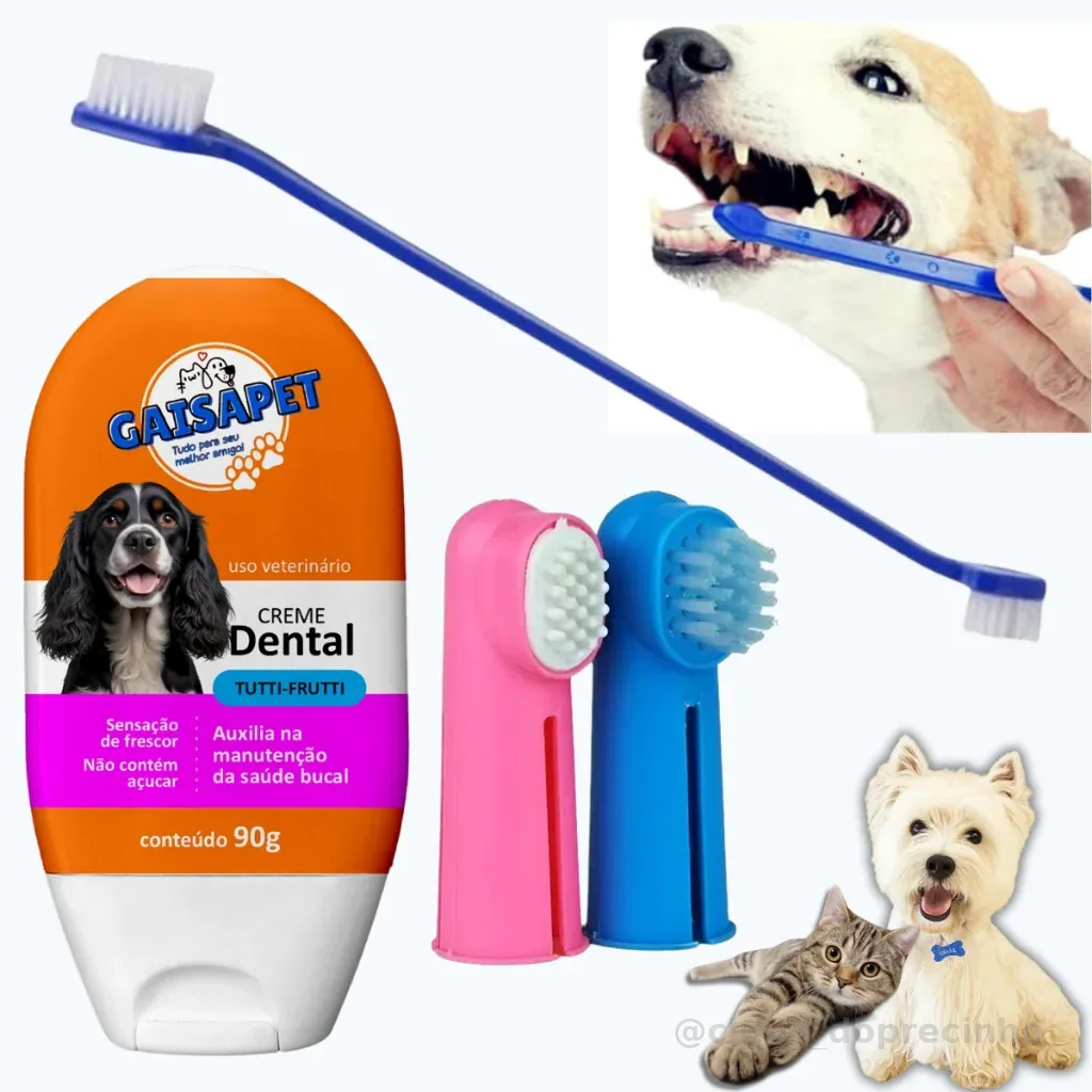 Kit Escova De Dente Pet + Pasta De Dente Para Cachorro Gato Dedeira Creme Dental Pet