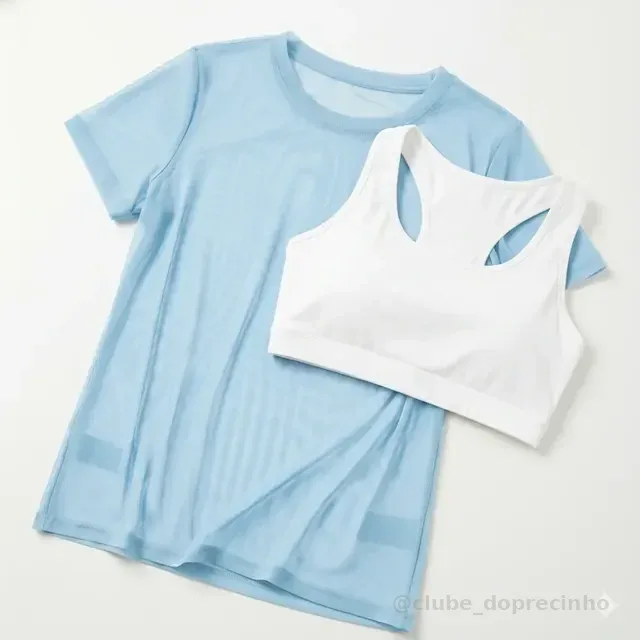 Blusa Feminina Transparente Tule Manga Curta Camiseta Fitnes
