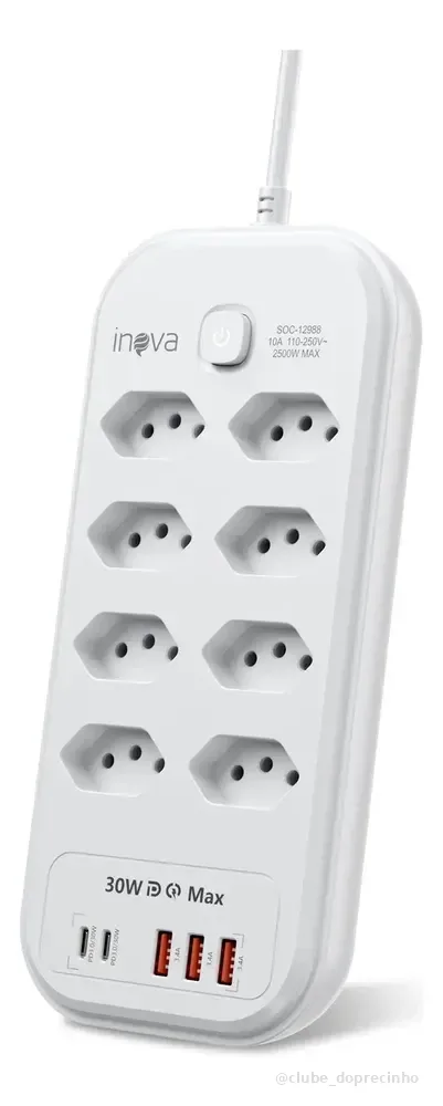 Filtro De Linha Régua Extensão 8 Tomadas Com 3 Usb E 2 Pd 2m Branco 127/220v