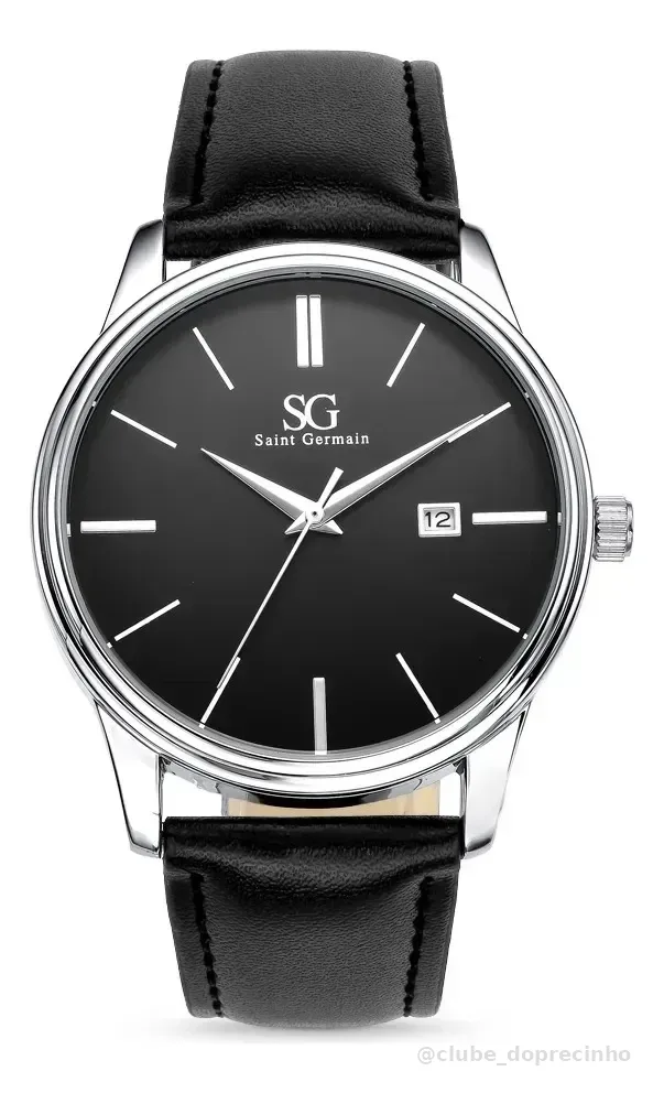 Relógio Masculino Chrowl Saint Germain Pulseira Couro Caixa Prateada Fundo Preto 42mm Clássico