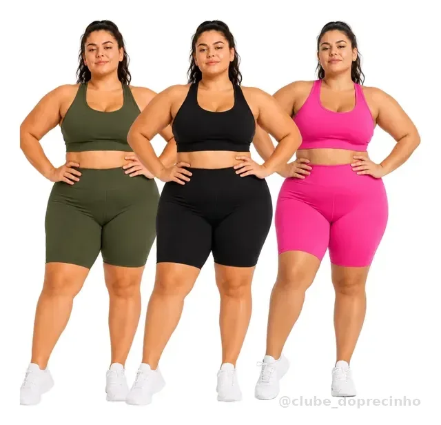 Kit 3 Conjunto Top Short Academia Plus Size Feminino