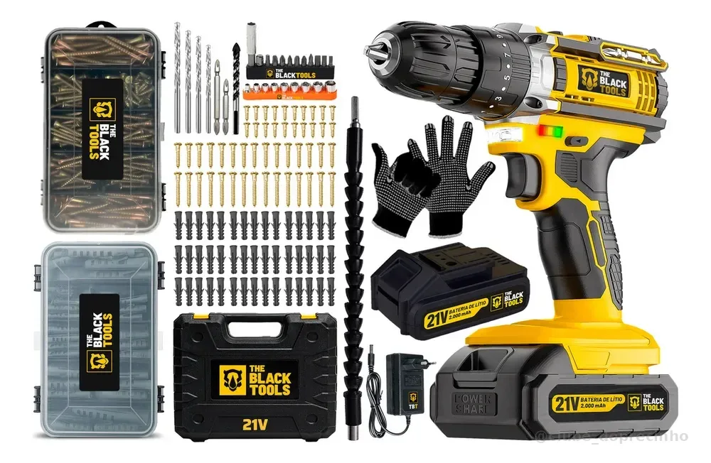 Parafusadeira Furadeira De Impacto 21v Bateria 2ah C/ Maleta The Black Tools + Kit Estojo Parafusos E Buchas + Luvas