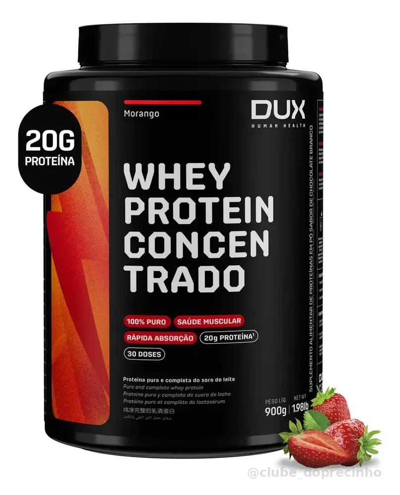 Whey Protein Concentrado DUX 900g Morango Proteína Pura Suplemento Muscular