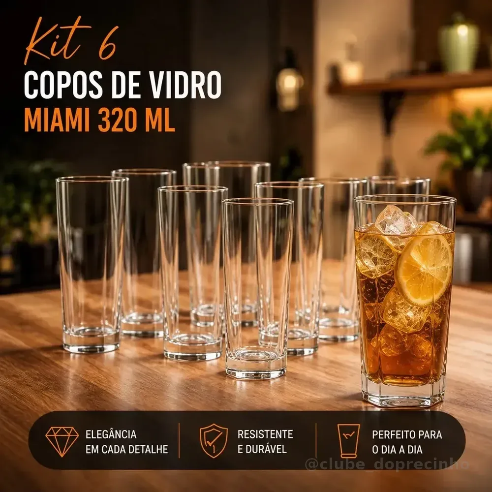 Jogo de 6 Copos Alto 320ml Miami Vidro Grosso Moderno Luxo Transparente Quadrado ViaCruz